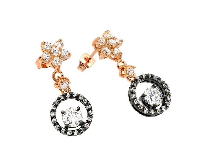 Clearance-Silver 925 Rose Gold and Black Rhodium Plated Flower Round CZ Dangling Stud Earrings – BGE00284