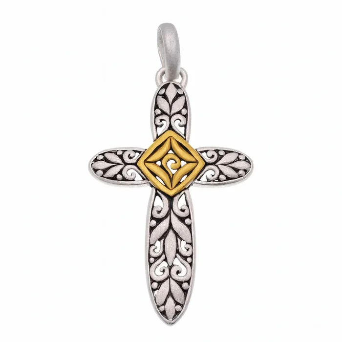 Clearance-Sterling Silver Matte Finish 2 Tone Filigree Cross -SPP00037