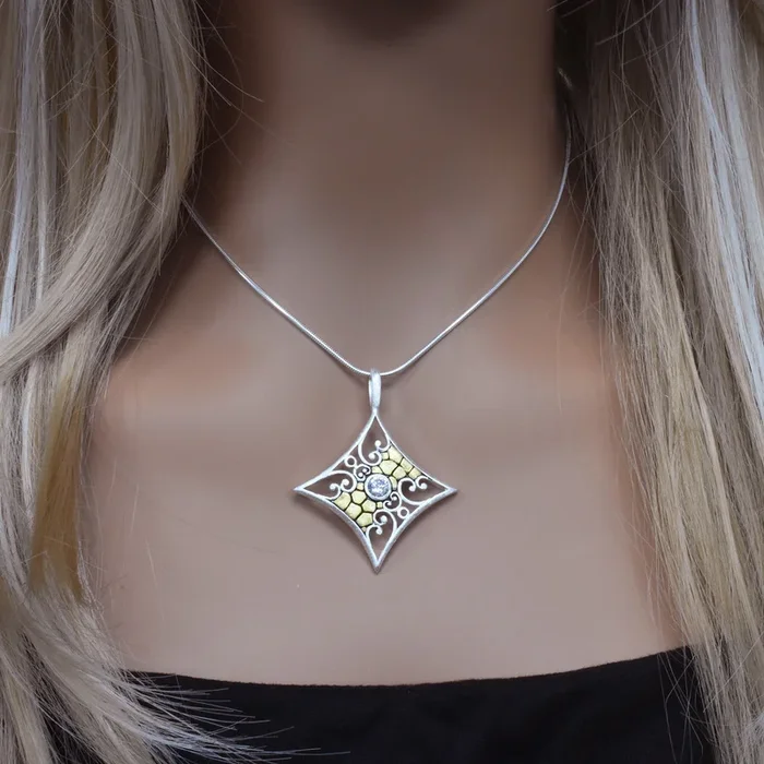 Clearance-Sterling Silver Matte Finish 2 Toned Diamond Shaped W/CZ Center Pendant – SPP00026