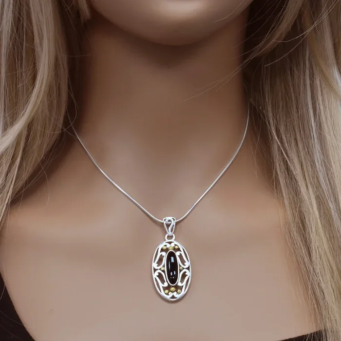 Clearance-Sterling Silver Two Tone And Onyx Oval Pendant – SPP00053