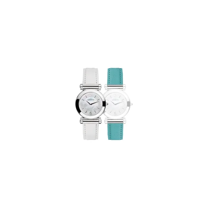 Coffret Antarès quartz cadran nacre cuirs blanc et vert d’eau 29 mm – Lepage