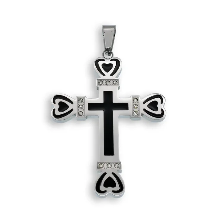 Colgante de acero inoxidable rodiado con esmalte negro, cruz y puntas de corazón con circonitas transparentes (38,5 mm x 50 mm) – SSP00113