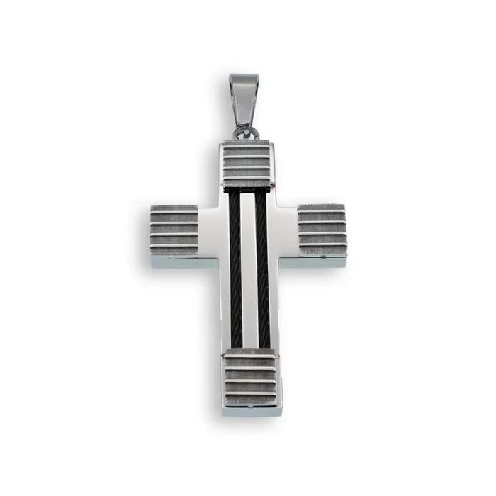 Colgante de cruz de acero inoxidable rodiado con cable pelado – SSP00121