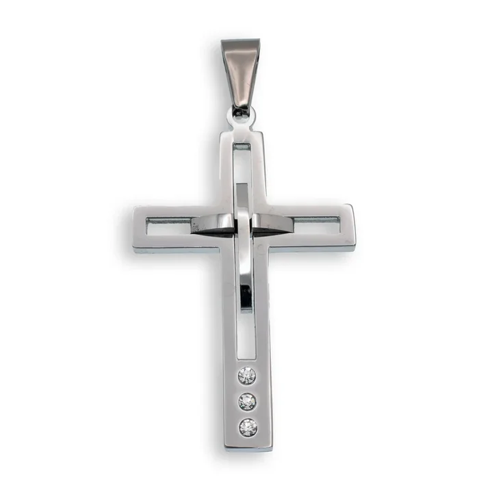 Colgante de cruz de acero inoxidable rodiado con circonita cúbica transparente – SSP00106