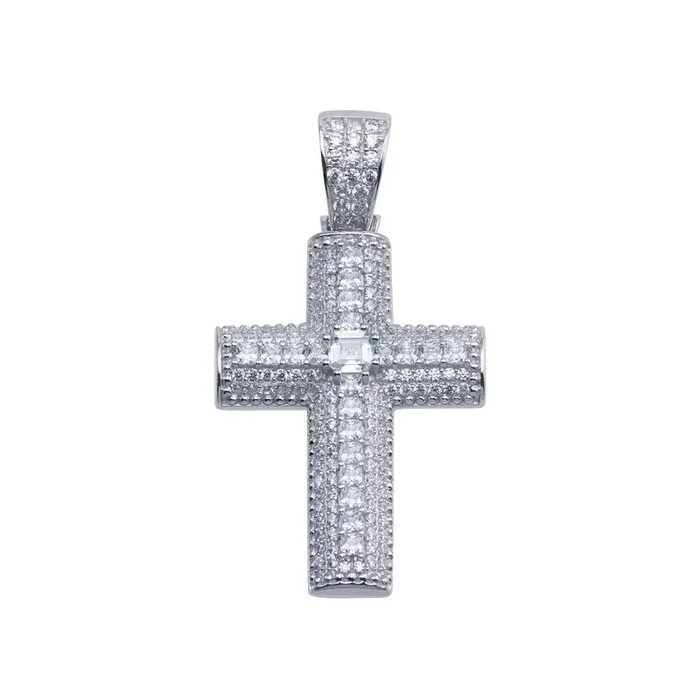 Colgante de cruz hip hop con circonitas incrustadas en plata de ley 925 rodiada – SLP00106