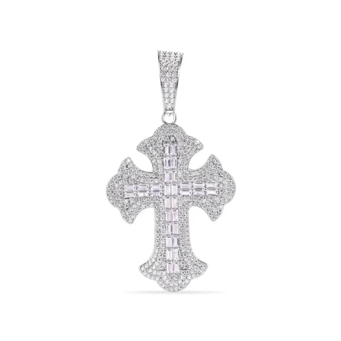 Colgante de flor de lis de 43,8 mm con circonita cúbica transparente en plata de ley 925 rodiada y corte baguette – GMP00159