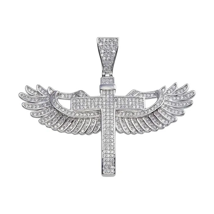 Colgante de hip hop con cruz de ala de ángel y circonita cúbica en plata de ley 925 bañada en rodio – SLP00042.