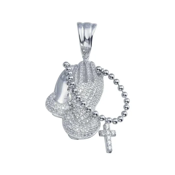 Colgante de hip hop con rosario y mano de oración con circonita cúbica en plata de ley 925 bañada en rodio – SLP00048.