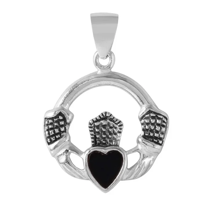 Colgante de plata con diseño de corazón y manos de Bali con acento de ónix negro – STP01109