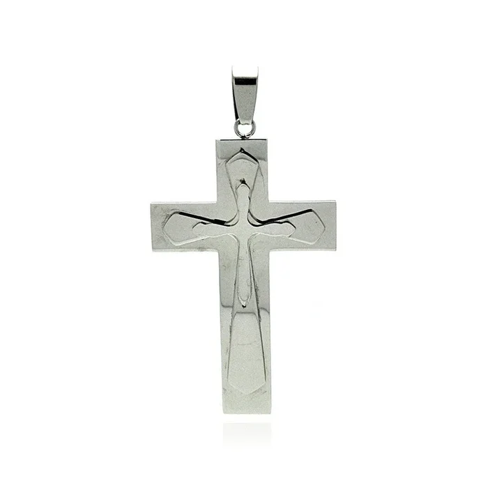 Colgante grande de cruz triple de oración de acero inoxidable rodiado – SSP00184