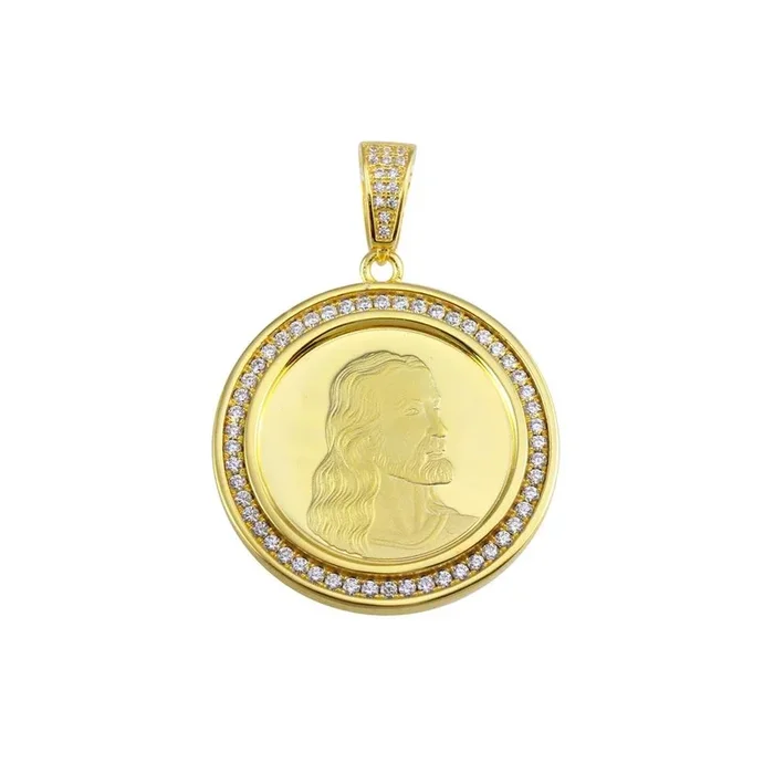 Colgante hip hop con medallón de Jesús y circonitas cúbicas en plata de ley 925 bañado en oro – SLP00153GP