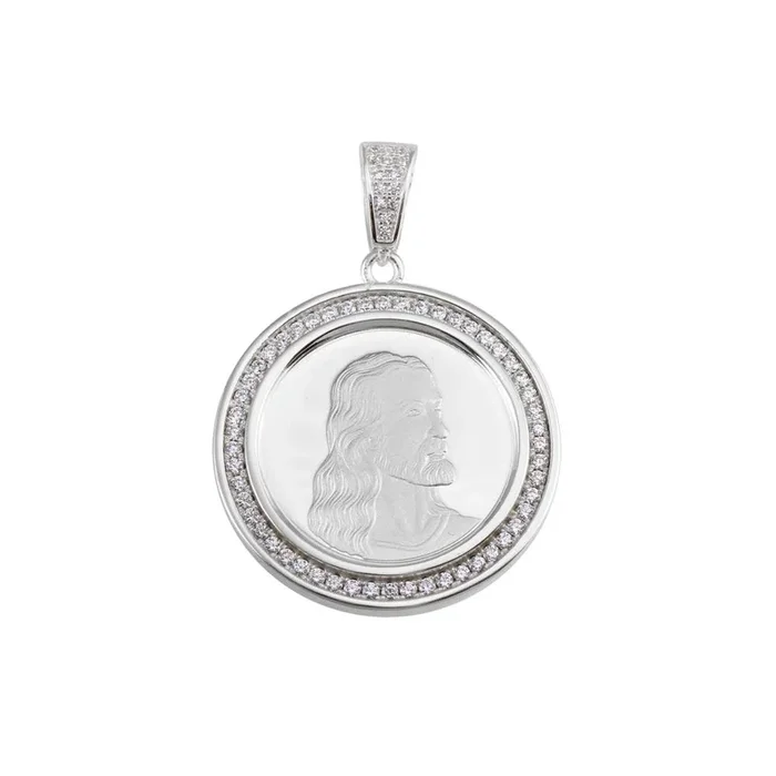 Colgante hip hop con medallón de Jesús y circonitas cúbicas en plata de ley 925 rodiada – SLP00153RH