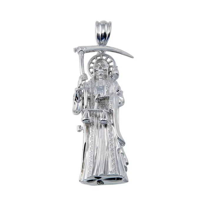Colgante hueco de la Santa Muerte en plata de ley 925 rodiada (60 mm) – GMP00093