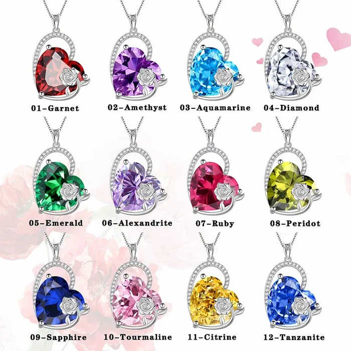 Collana a forma di cuore da donna, ciondolo in argento sterling, pietra portafortuna per ragazze, fiore di rosa, regalo di Natale per la festa della mamma