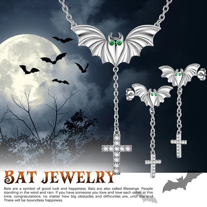 Collana con croce di pipistrello nero Orecchini Uomo Donna Gioielli gotici di Halloween