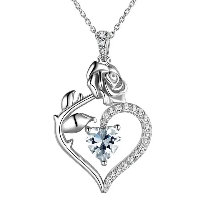Collana con diamanti di aprile, ciondolo con pietra portafortuna a forma di cuore, fiore rosa, gioielli, regali di compleanno