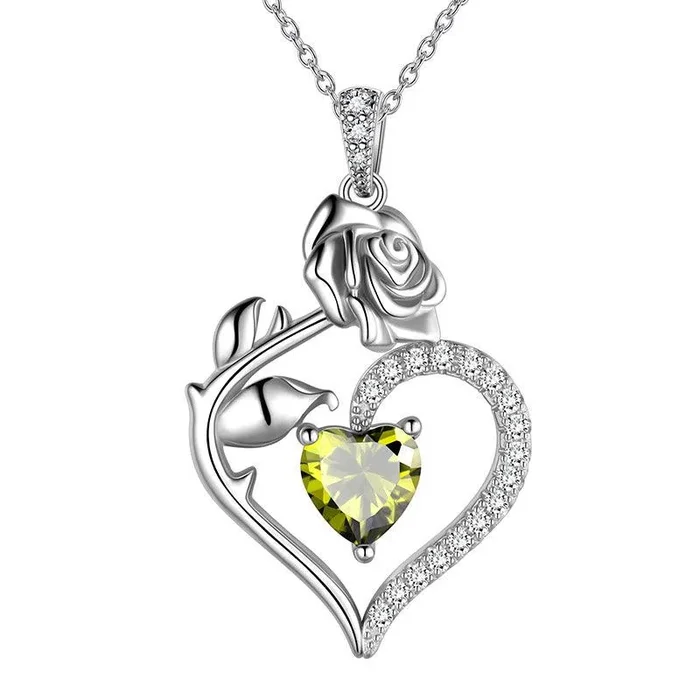 Collana con peridoto di agosto da donna, ciondolo con pietra portafortuna, fiore, rosa, gioielli, regali di compleanno