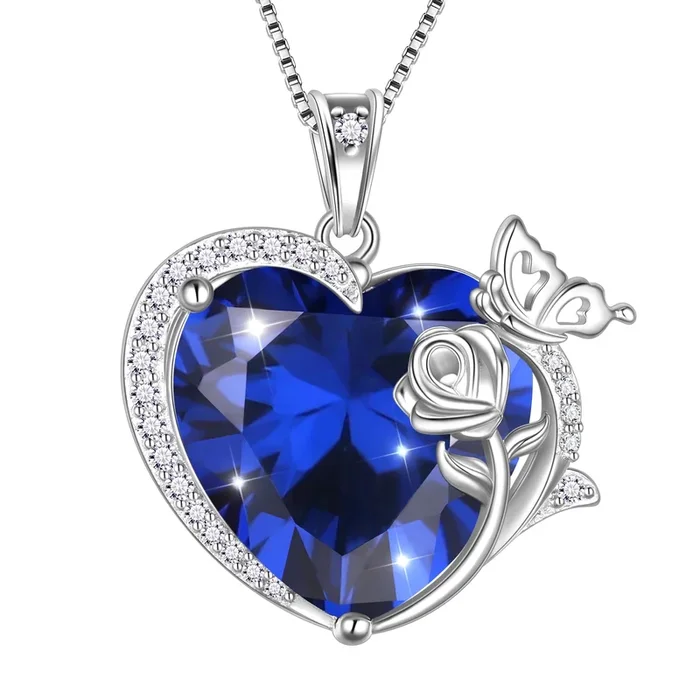 Collana da donna con cuore, farfalla, rosa, ciondolo, pietra portafortuna di settembre, zaffiro blu, gioielli in argento sterling 925, regalo per la festa della mamma e della nonna