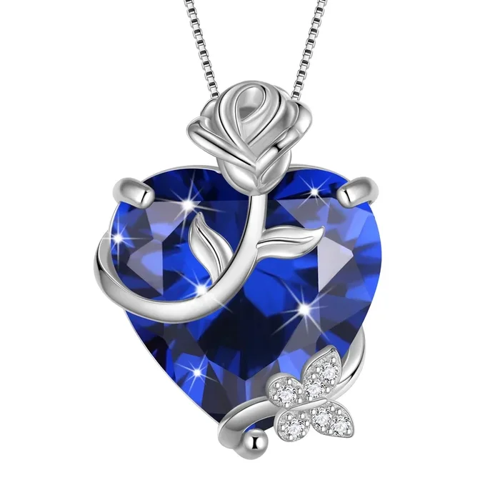 Collana da donna con cuore rosa da 15 mm, pietra portafortuna di settembre, ciondolo a forma di fiore e farfalla in argento sterling 925 con zaffiro blu, regalo di compleanno per la festa della mamma