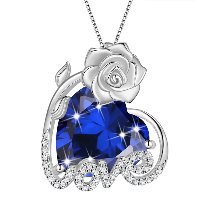 Collana da donna con cuore rosa da 15 mm, pietra portafortuna di settembre, ciondolo a forma di fiore in argento sterling 925, zaffiro blu, regalo di compleanno per San Valentino e festa della mamma