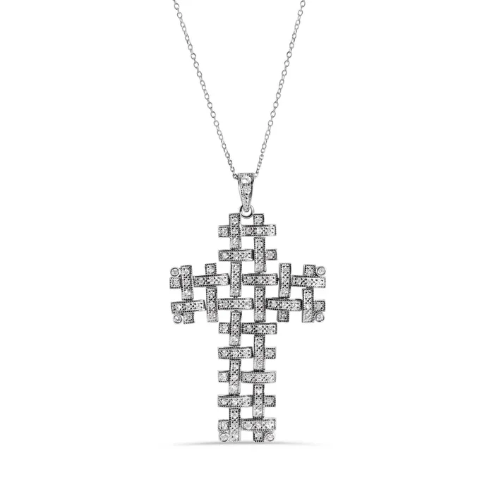 Collar ajustable con colgante de cruz de circonitas transparentes en plata de ley 925 rodiada – STP00305