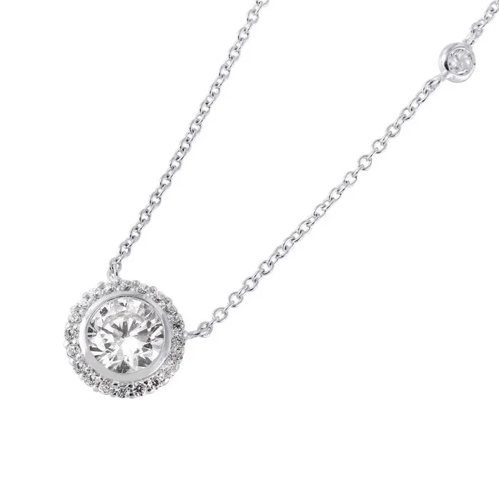 Collar con colgante de circonita cúbica redonda chapada en rodio de plata 925 – STP01423