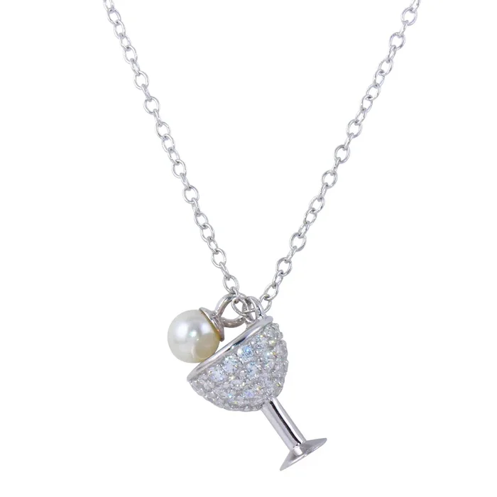 Collar con colgante de copa de vino en plata de ley 925 rodiada, circonita cúbica y perla sintética – STP01654