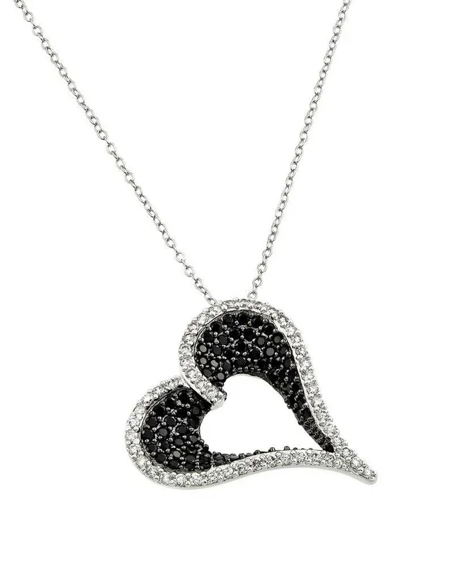Collar con colgante de corazón curvo con piedra CZ transparente y negra chapada en rodio de plata 925 – BGP00865