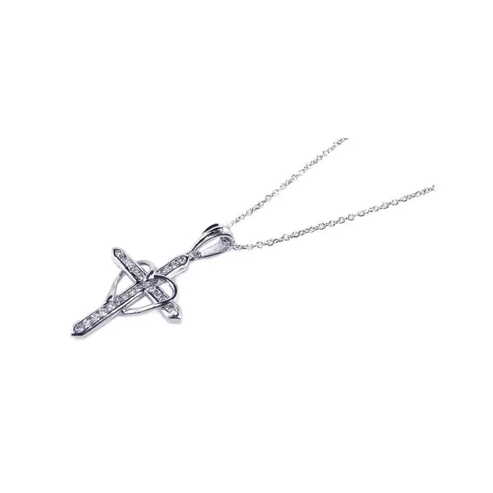 Collar con colgante de corazón de cruz de circonita transparente chapado en rodio de plata 925 – STP00704