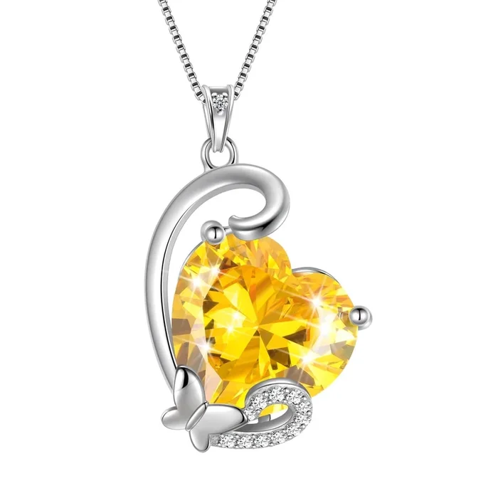 Collar con colgante de corazón y mariposa con piedra natal de noviembre, joyería de citrino, circonita amarilla, plata de ley 925, regalo de cumpleaños para madre, Navidad y mujer.