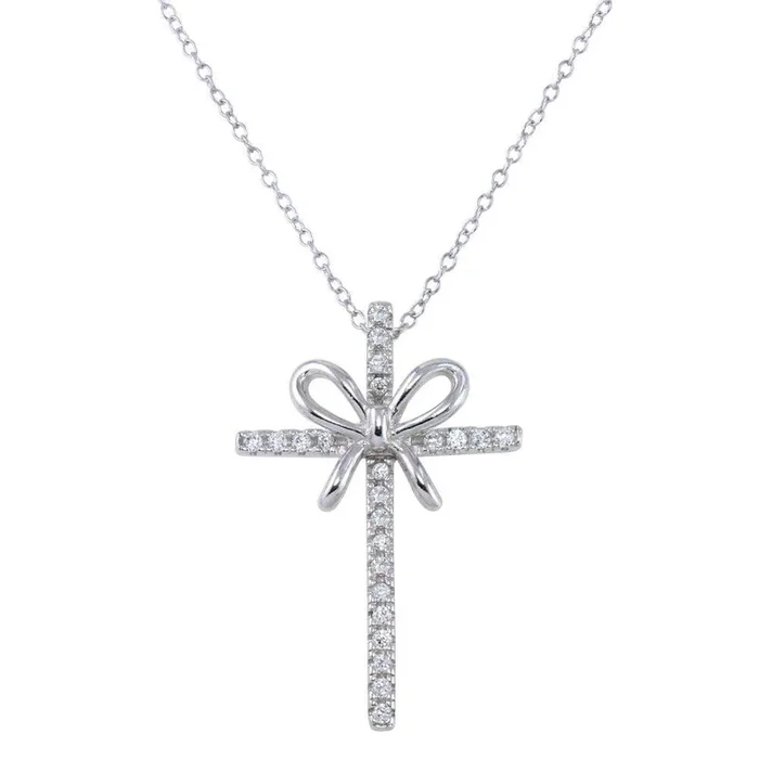 Collar con colgante de cruz de cinta en plata de ley 925 rodiada y circonitas – STP01619