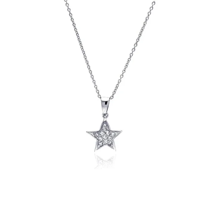 Collar con colgante de doble estrella chapado en rodio con circonita transparente de plata 925 – STP00180