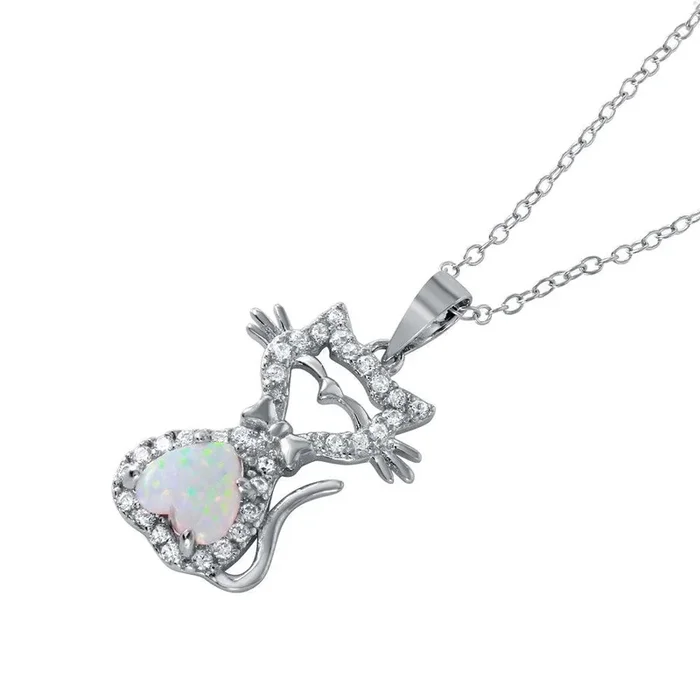 Collar con colgante de gatito con ópalo y corazón chapado en rodio de plata 925 – BGP01042