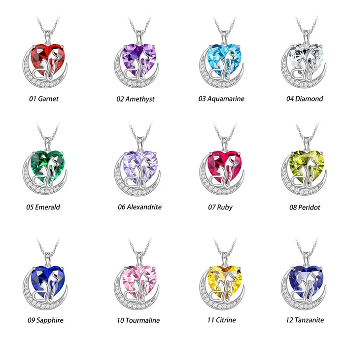 Collar con colgante de gato y perro para mujer, con forma de corazón y piedra natal, ideal como regalo para amantes de las mascotas.