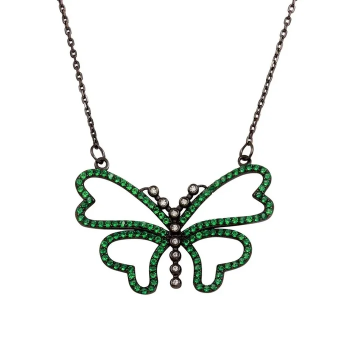 Collar con colgante de mariposa de circonita verde en plata de ley 925 con baño de rodio negro – BGP01304