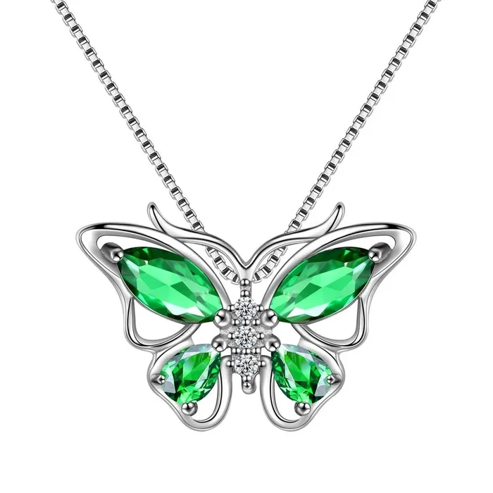 Collar con colgante de mariposa, piedra natal de mayo, esmeralda, joyería para mujeres y niñas, regalo de cumpleaños