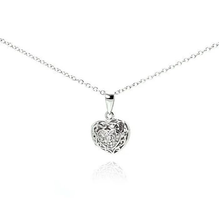 Collar con colgante de medallón de corazón chapado en rodio con circonita transparente de plata 925 – BGP00061