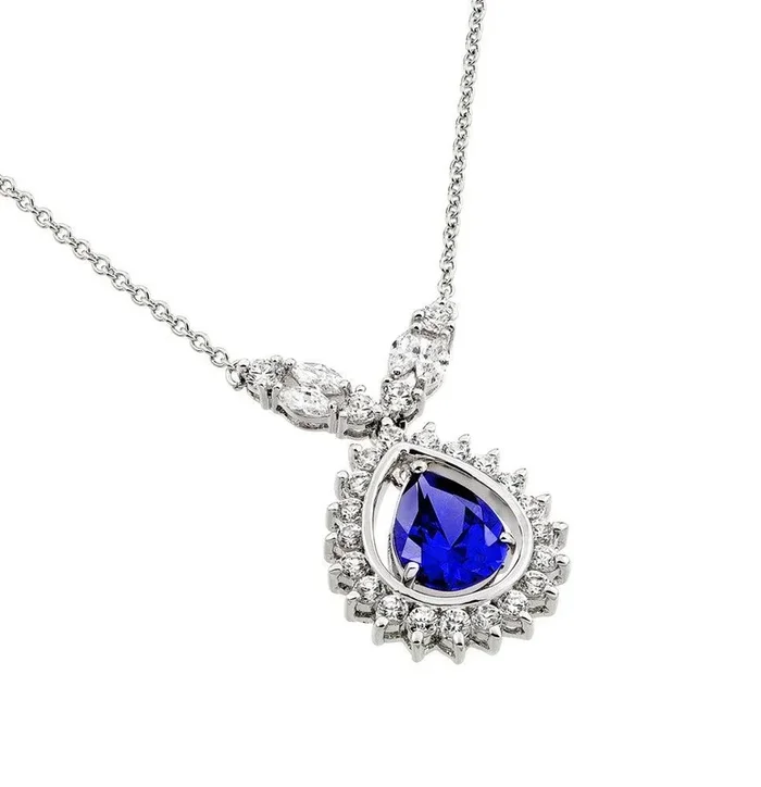 Collar con colgante en forma de gota de circonita azul chapado en rodio de plata 925 – BGP00830B