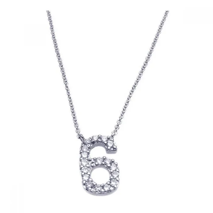 Collar con colgante número 6 de circonita transparente chapado en rodio de plata 925 – STP00833