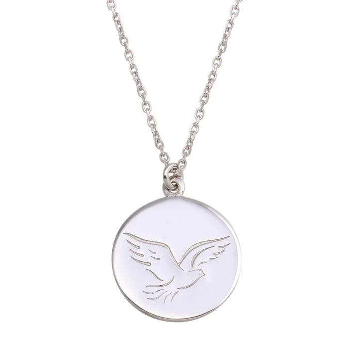 Collar con disco de plata de ley 925 rodiada y palabras de paloma – SOP00129
