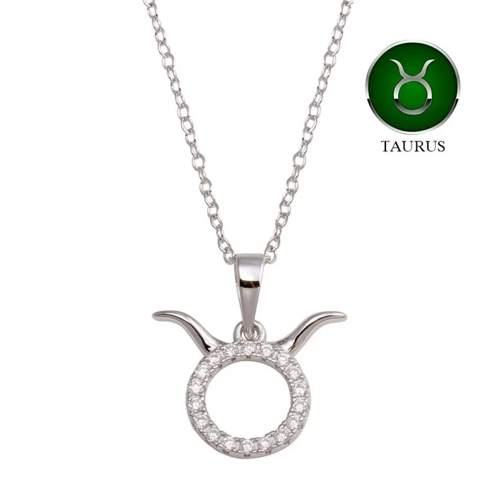 Collar con el signo del zodiaco Tauro y circonitas cúbicas en plata de ley 925 rodiada – BGP01334