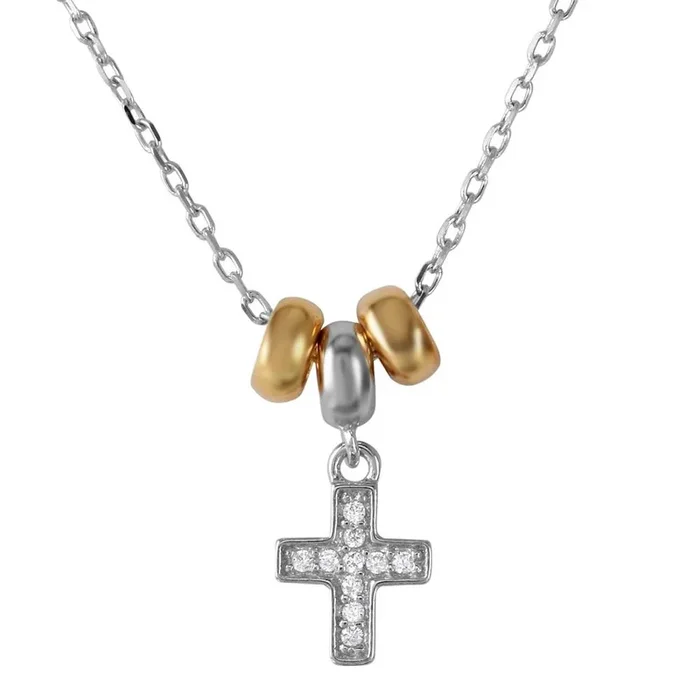 Collar de 3 aros con cruz de circonitas cúbicas colgantes en plata de ley 925 rodiada y chapada en oro – BGP01200
