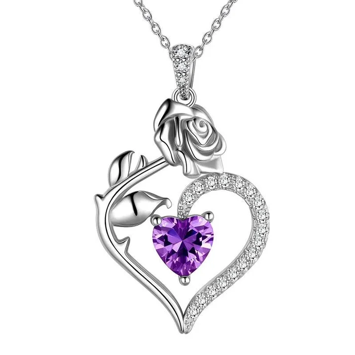 Collar de amatista de febrero, colgante de piedra natal de corazón para mujer, joyería de rosas y flores, regalos de cumpleaños
