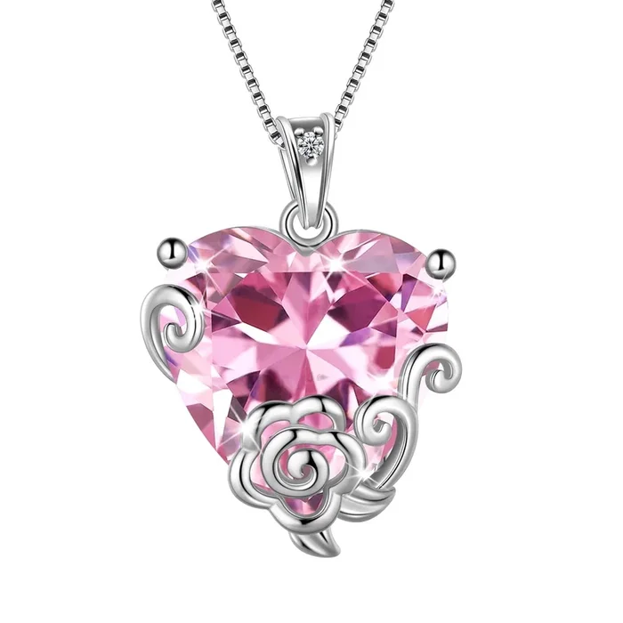 Collar de corazón para mujer con turmalina, piedra natal de octubre, joyería de plata de ley 925 rosa, colgante de flor de rosa, regalo de cumpleaños, Navidad y San Valentín.