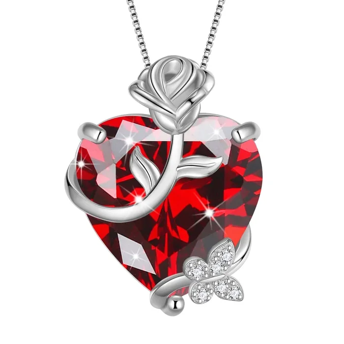 Collar de corazón rosa de 15 mm para mujer, piedra natal de enero, colgante de flor de mariposa de plata de ley 925, joyería de granate, regalo para el Día de San Valentín.