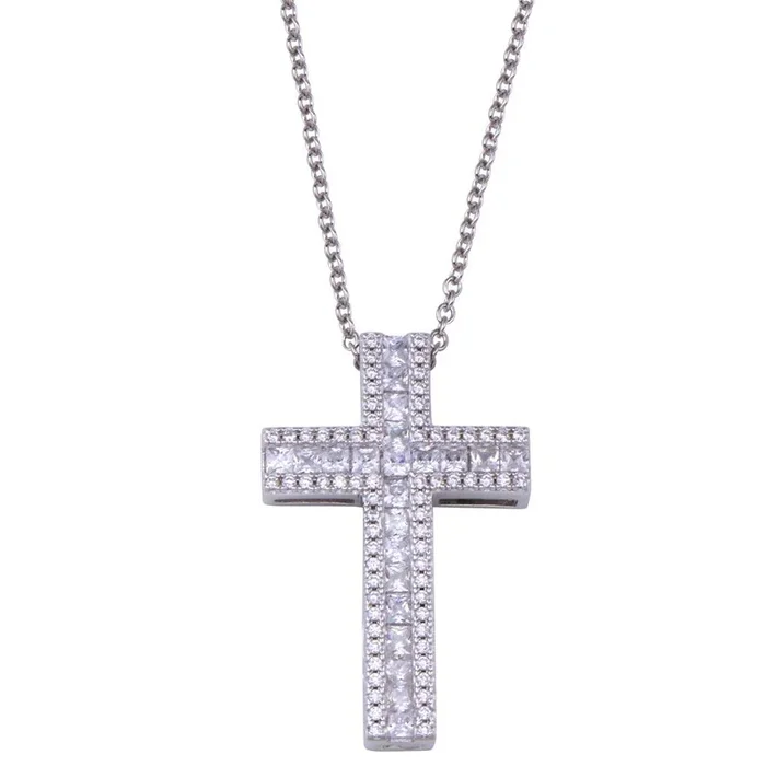 Collar de cruz de circonitas cúbicas en plata de ley 925 rodiada – BGP01432