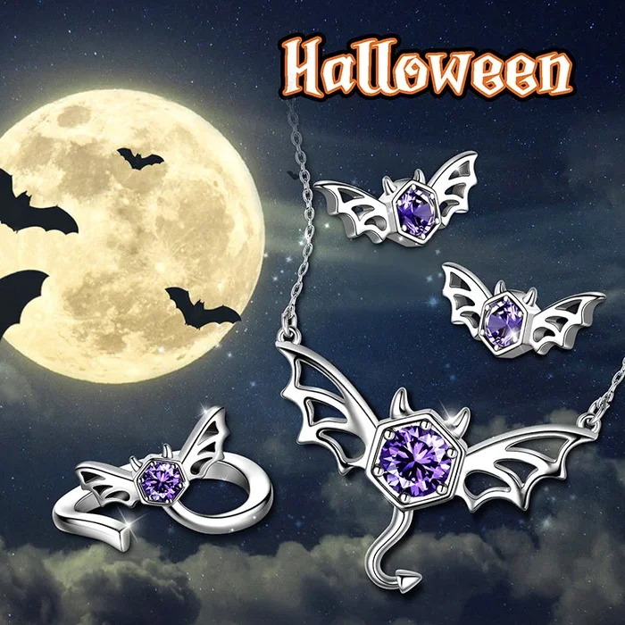 Collar de diablo de murciélago negro, pendientes, anillo, joyería gótica de Halloween para hombres y mujeres