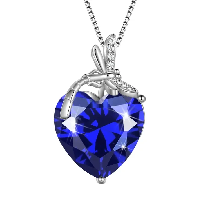 Collar de libélula con colgante de corazón, piedra natal de septiembre, zafiro azul, plata de ley 925. Joyería para mujer. Regalo ideal para cumpleaños, Navidad o Día de la Madre.