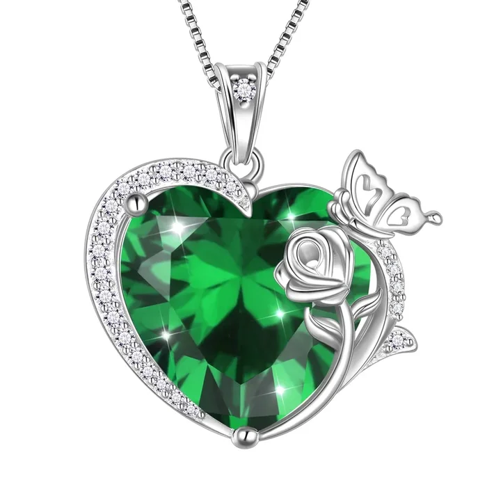 Collar de mujer con colgante de corazón, mariposa y rosa, piedra natal de mayo, verde esmeralda, joyería de plata de ley 925, regalo para el Día de la Madre, para mamá y abuela.