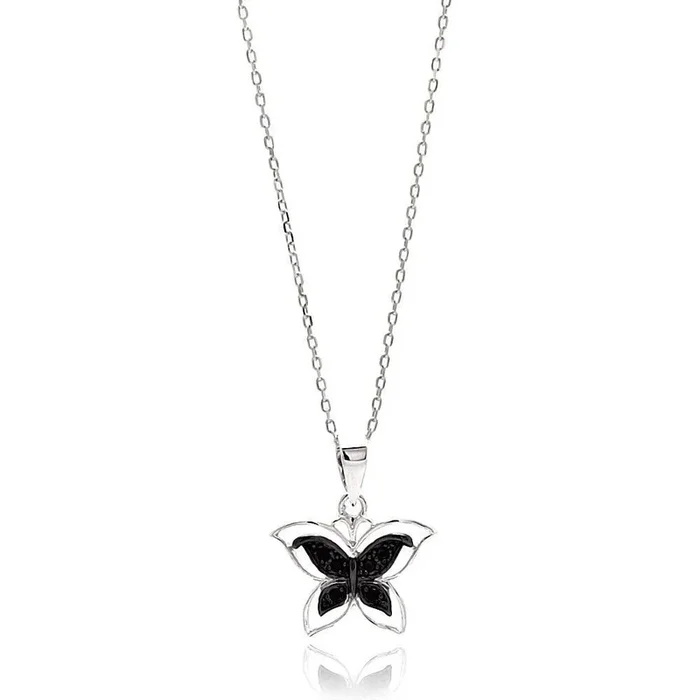 Collar de plata 925 chapado en rodio con mariposa abierta, circonita negra y transparente – BGP00627